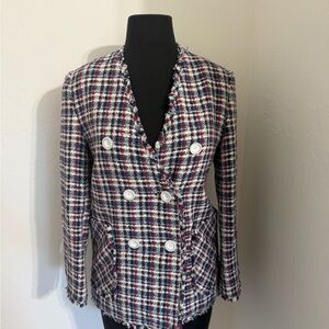 Mind Bridge Double-Breasted Plaid Tweed Blazer in Navy, Red & White